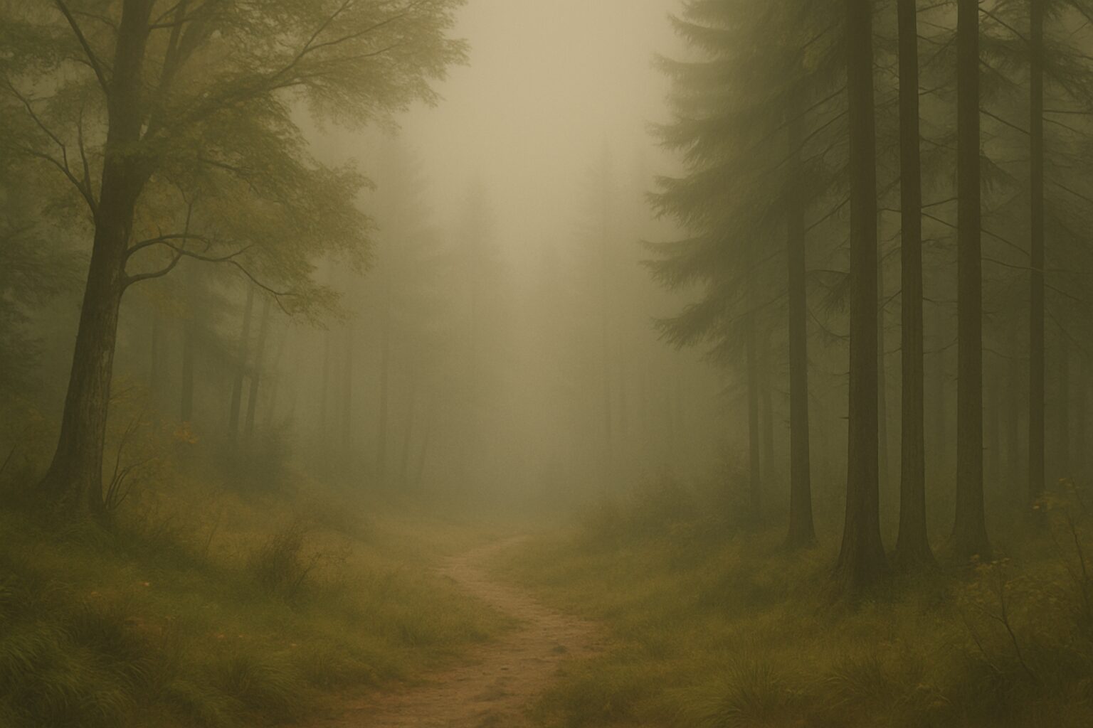 A foggy forest path surrounded by tall trees.