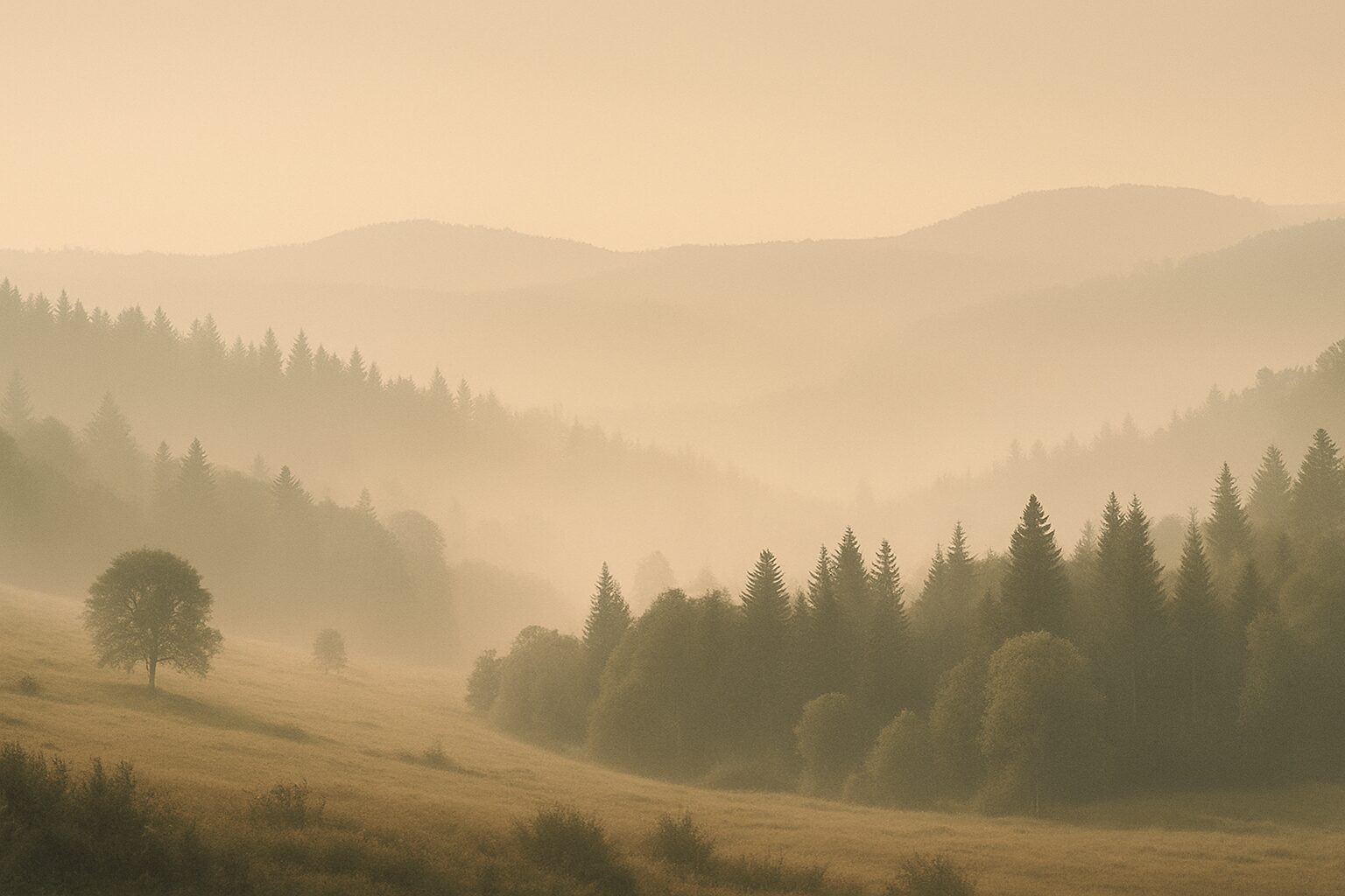 Misty morning landscape with rolling hills and dense forest.