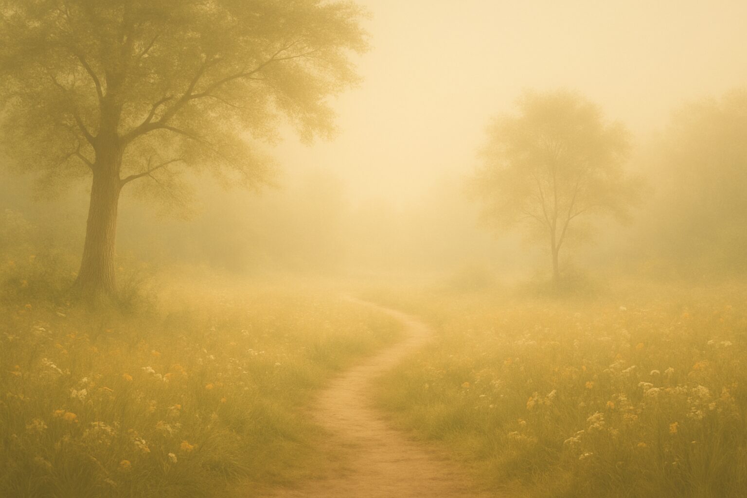 A misty path winds through a golden, hazy landscape with faint trees.