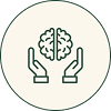 Icon showing hands holding a brain symbolizing care and intelligence.
