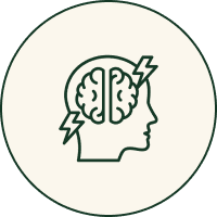 Outline of a human head with a brain and lightning bolts.