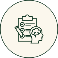Icon showing a clipboard, brain, and rolled paper symbolizing mental planning.